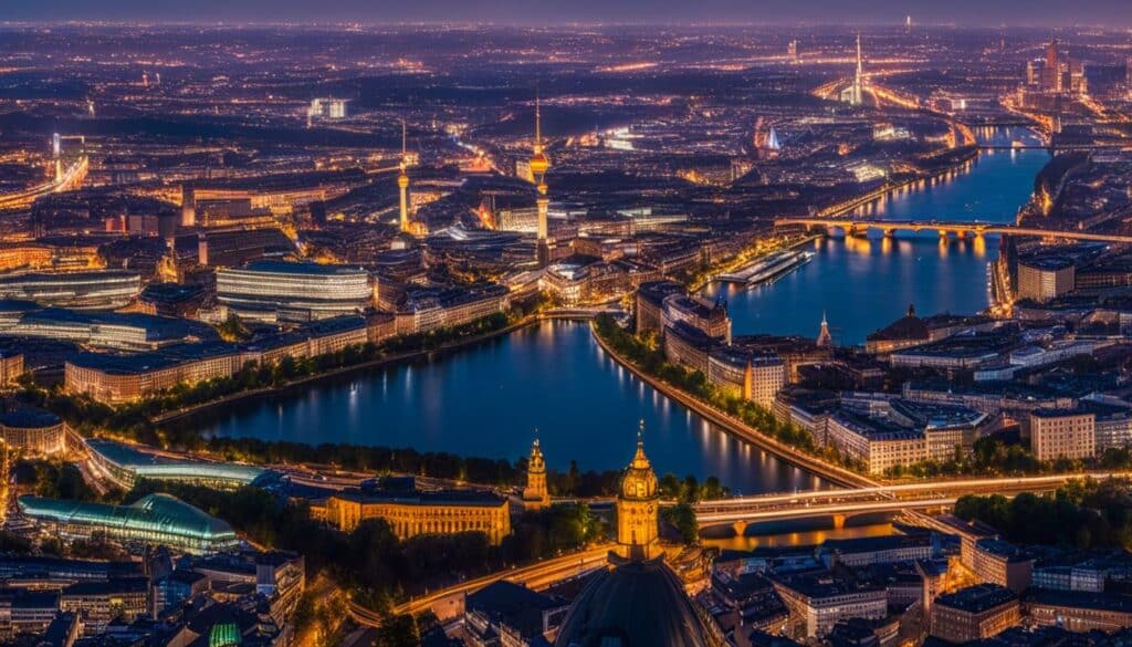 A bird's-eye view of Berlin and Frankfurt with notable landmarks in each city