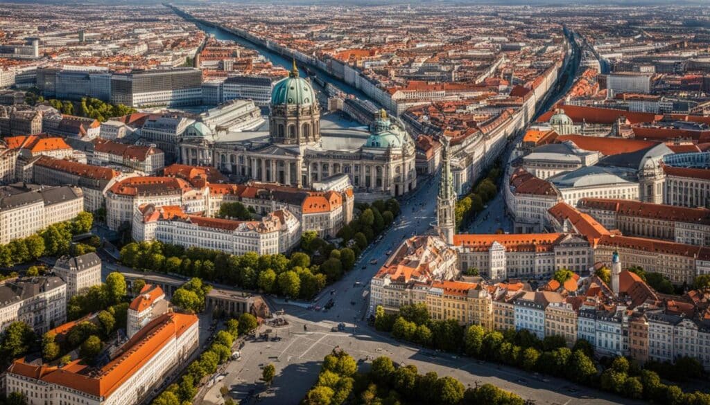 Ein Blick aus der Vogelperspektive auf Berlin und Wien mit ihren unterschiedlichen architektonischen Stilen und Stadtgrundrissen.