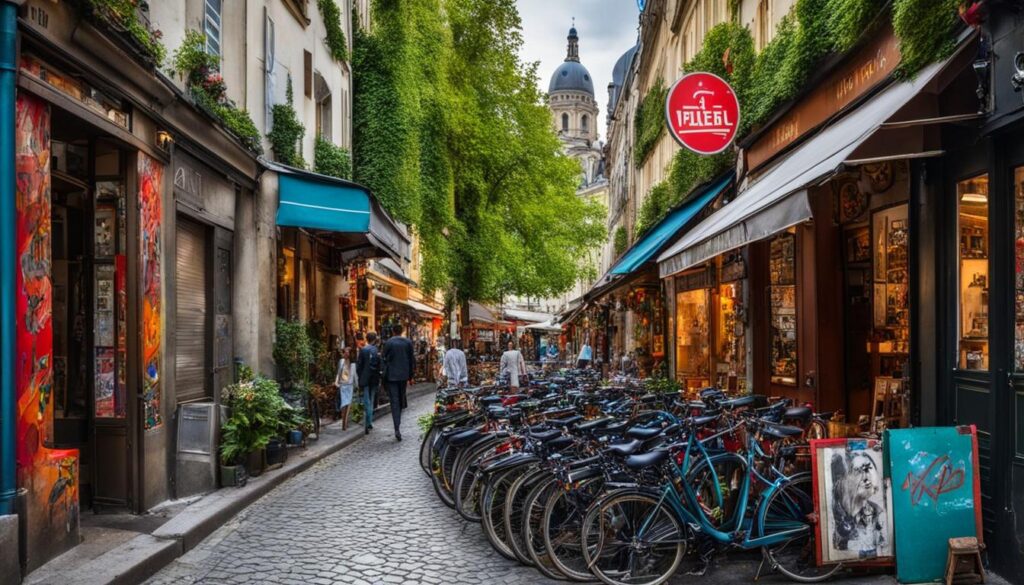 Eine belebte Straße in Paris mit ihrer ikonischen Architektur und ihren Cafés auf der einen Seite und eine lebendige, mit Graffiti bedeckte Gasse in Berlin mit geparkten Fahrrädern auf der anderen Seite.