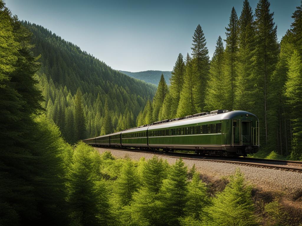 Train going through green pine trees