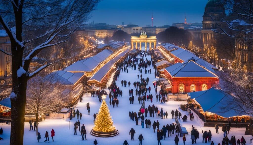 a winter wonderland in the heart of Berlin, complete with ice-skating rinks, colorful lights, and charming Christmas markets