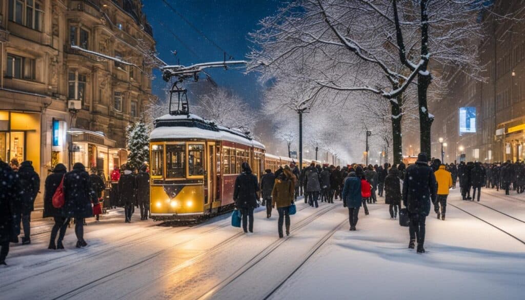 Ein verschneites Winterwunderland in Berlin mit einer vorbeifahrenden, geschäftigen Straßenbahn.