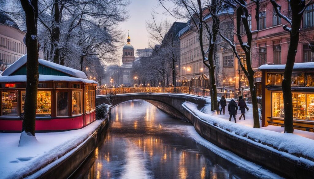 Zeigen Sie die winterliche Schönheit Berlins mit schneebedeckten Bäumen, die die Straßen säumen, während die Menschen auf den Marktplätzen Schlittschuh laufen und heißen Kakao schlürfen.
