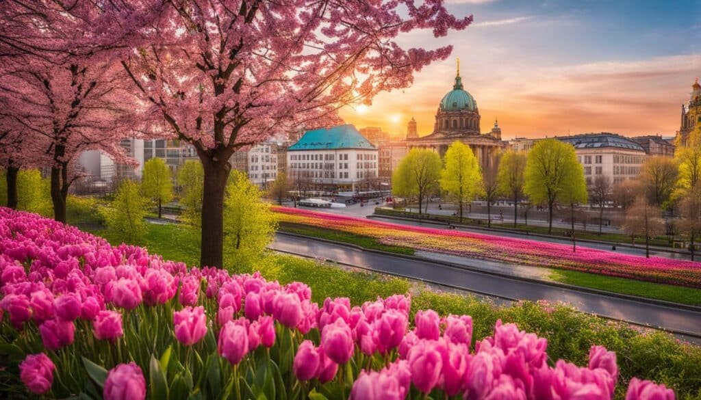 leuchtende Farben des Frühlings in Berlin vor dem Hintergrund ikonischer Architektur und Wahrzeichen