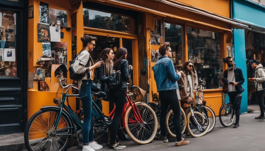 Eine Gruppe junger, stylischer Touristen erkundet die bunte Straßenkunst in Kreuzberg, umgeben von alten Fahrrädern und trendigen Cafés.