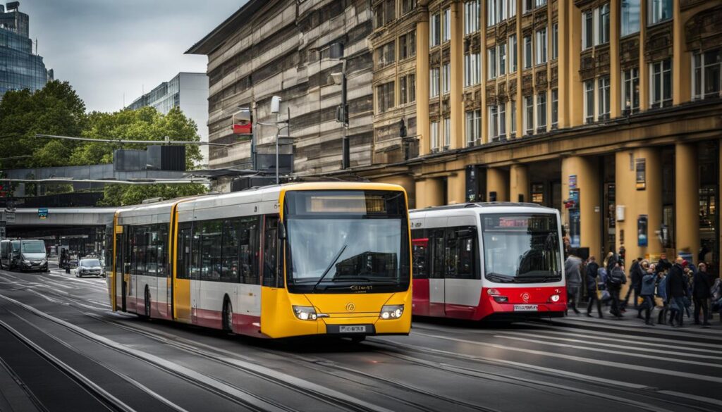 a busy Berlin street with various modes of public transport, such as buses, trams, and trains, in motion.