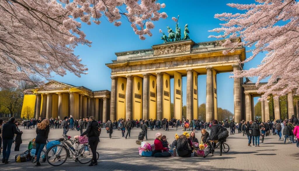 The iconic Brandenburg Gate draped in cherry blossom blooms, with vibrant yellow daffodils blooming at its feet.