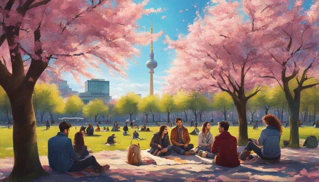 A group of friends enjoying a picnic under the blooming cherry blossom trees in a park in Berlin, surrounded by colorful street art on the walls.