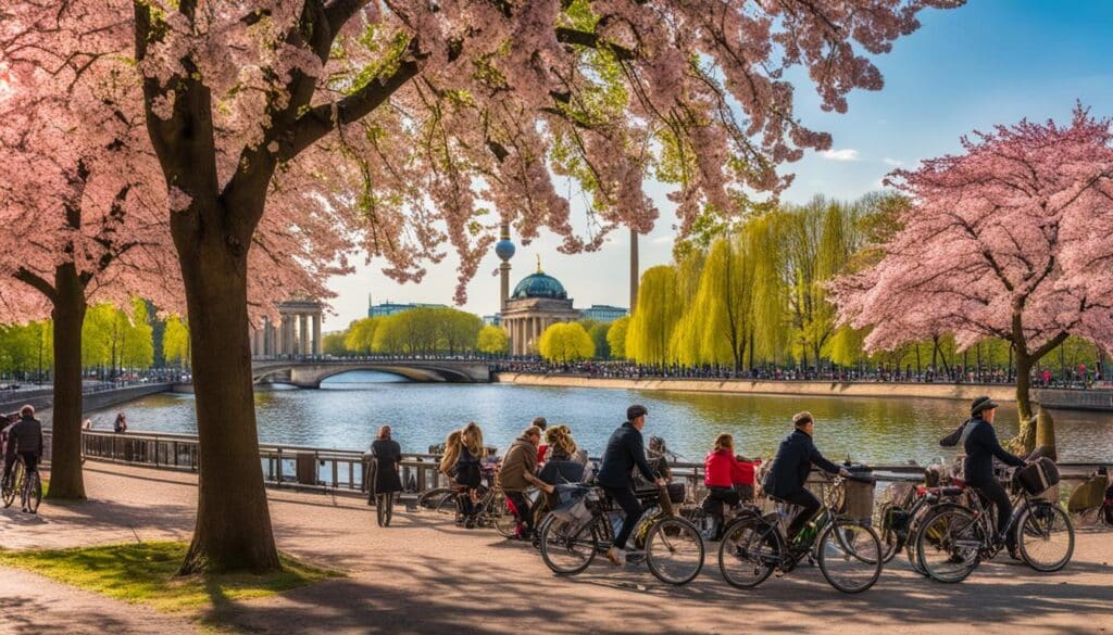 Zeigt eine farbenfrohe Frühlingsszene in Berlin mit blühenden Kirschblütenbäumen und Menschen, die Aktivitäten im Freien wie Picknicken, Radfahren und Flanieren an der Spree genießen.