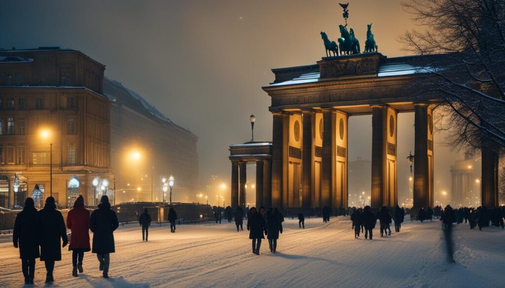 Eine verschneite Abendszene in Berlin, mit historischer Architektur und schwach beleuchteten Straßenlaternen, die eine gemütliche Atmosphäre schaffen.