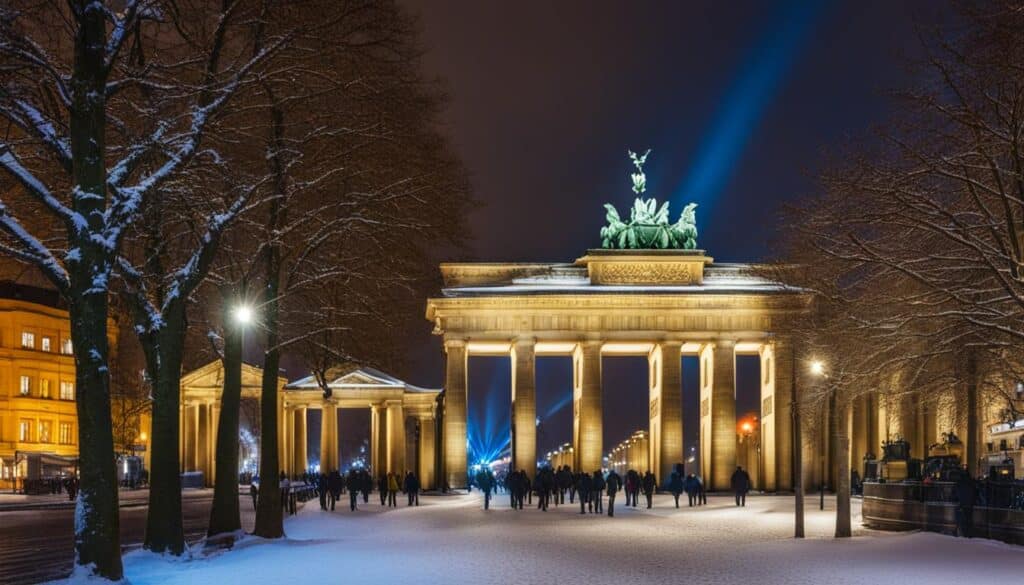 A view of the iconic Brandenburg Gate in Berlin on a crisp winter evening, with soft lighting illuminating the surrounding snow-covered trees and cobblestone streets. In the distance, the faint sounds of street performers and laughter can be heard from bustling Christmas markets.