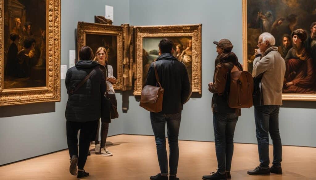 A group of people exploring an art museum in Berlin, admiring the intricate details of the paintings and sculptures on display. The soft lighting and calming atmosphere add to the peacefulness of the scene