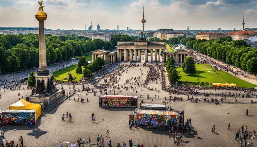 A panoramic view of the iconic Brandenburg Gate, surrounded by crowds of tourists enjoying the warm July weather in Berlin.