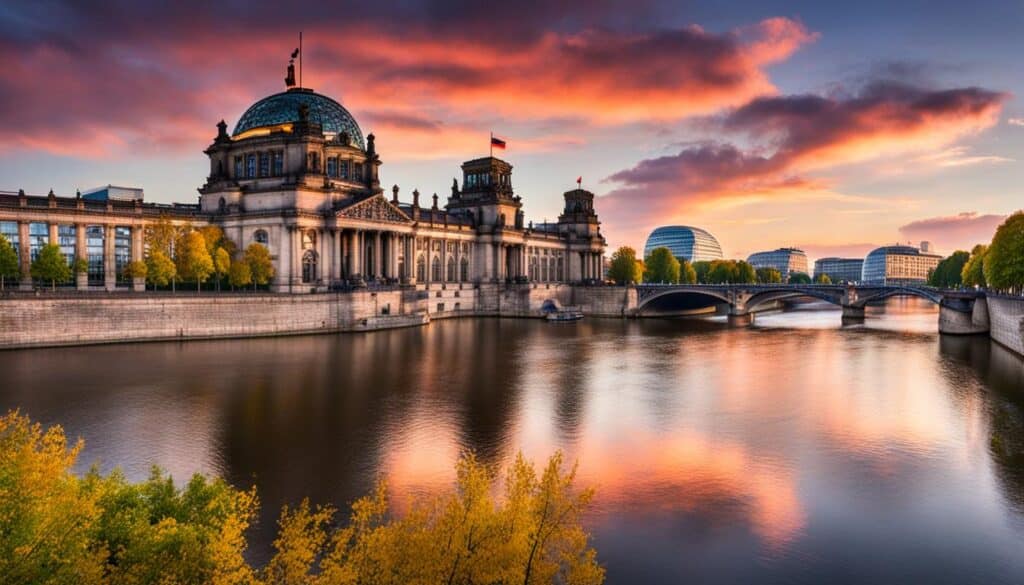 A panoramic view of the historic Reichstag building during sunset, with the Spree river and colorful sky in the background.
