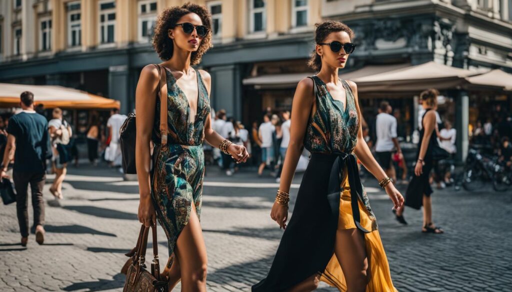 A fashionable woman walking confidently down a bustling Berlin street in July.