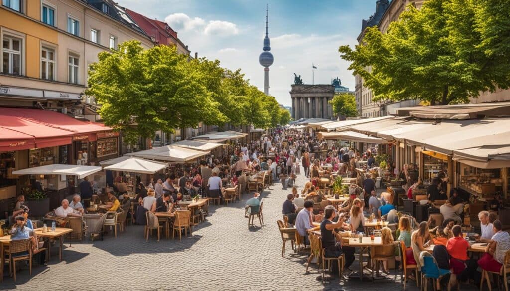 ein Bild einer belebten Berliner Straße im Juli, in der Menschen vor Cafés sitzen und das warme Wetter genießen.