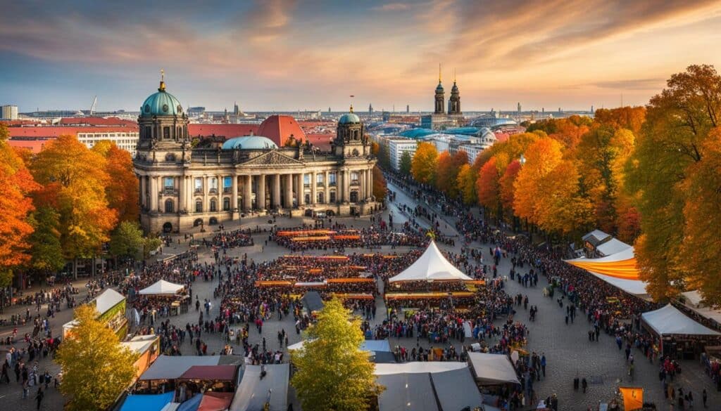 the vibrant energy of Berlin's September events. Show a bustling street lined with food stalls, musicians playing traditional German instruments, and people of all ages dancing to the lively music. 