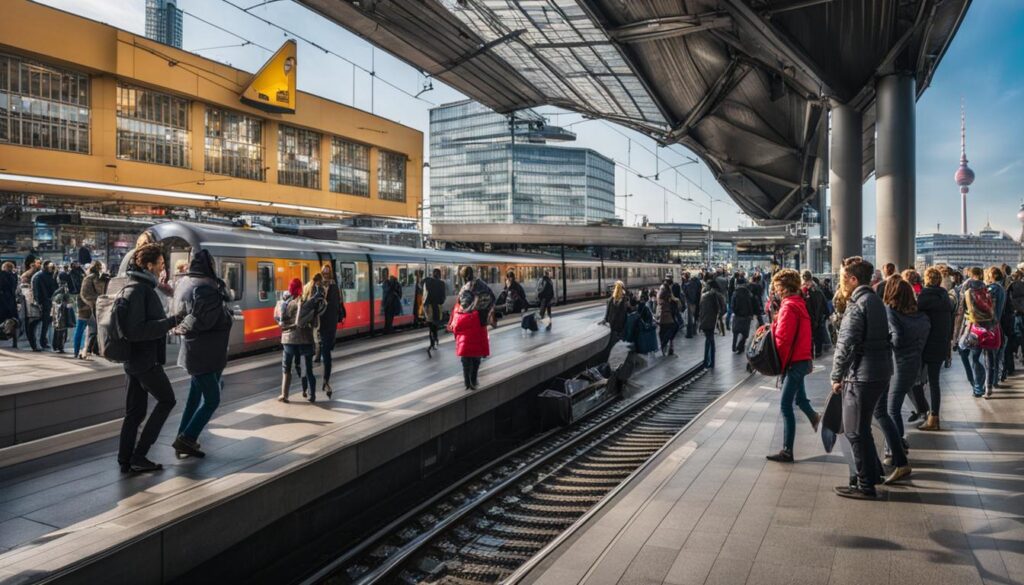 Ein belebter Bahnhof mit Pendlern, die auf ihre Züge in Berlin warten.