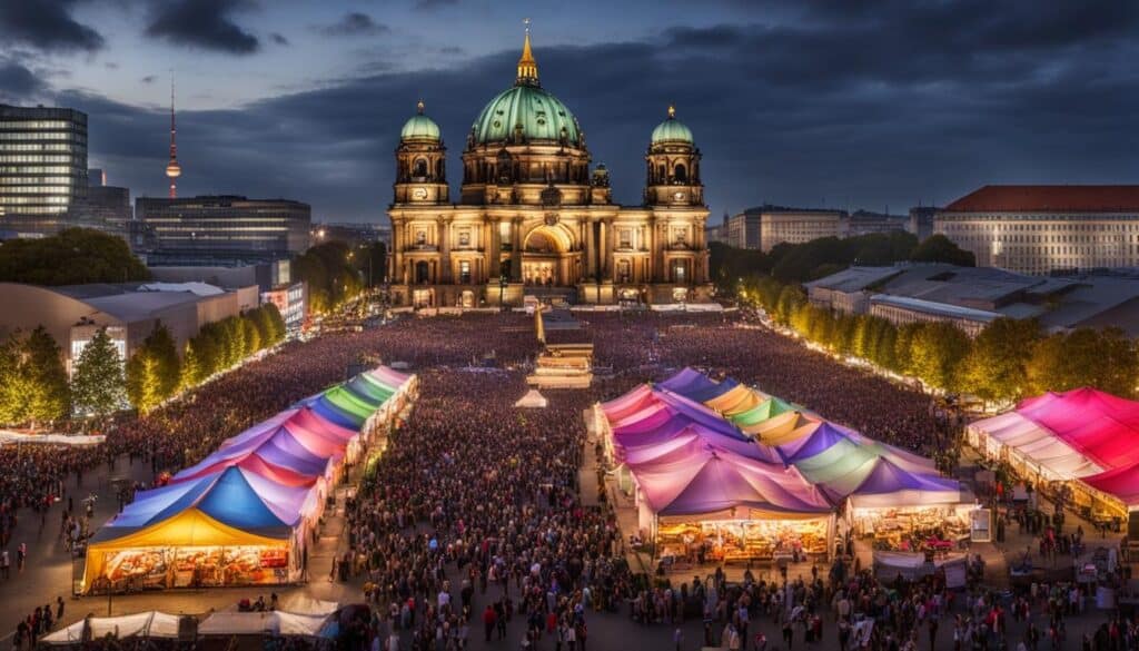 ein Bild eines belebten Berliner Stadtplatzes im September, gefüllt mit bunten Zelten und Bühnen für verschiedene Festivals.