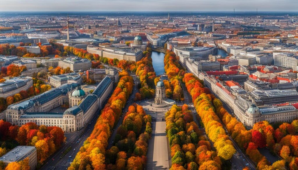A colorful aerial view of Berlin's famous landmarks surrounded by autumn foliage.