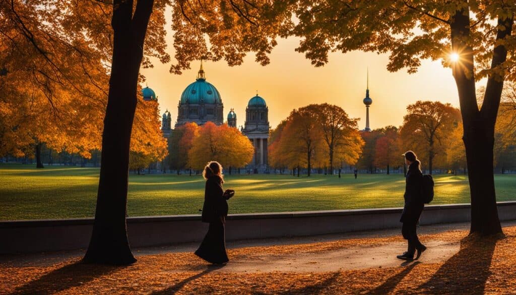 Ein Bild von Berlin im Oktober, das die leuchtenden Herbstfarben der Bäume in den Stadtparks einfängt. 