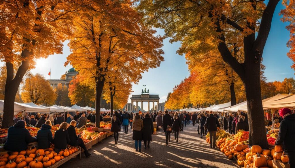 die leuchtenden Farben des Herbstes in Berlin durch die Darstellung eines belebten Marktes im Freien, der mit reifen Kürbissen, saftigen Äpfeln und bunten Blättern gefüllt ist.