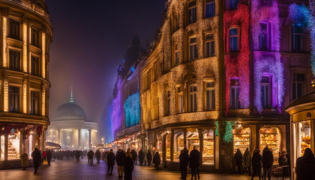 A misty evening stroll through the vibrant streets of Berlin, with colorful lights and striking architecture surrounding you