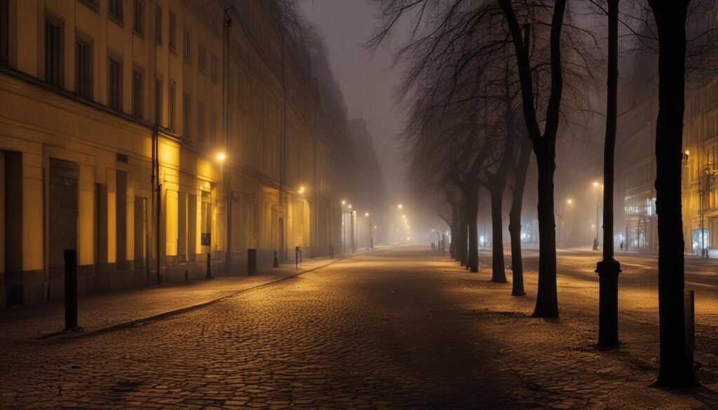 Eine menschenleere Straße in Berlin an einem kalten Novemberabend, mit ein paar Menschen, die in der Ferne spazieren gehen, und gelben Straßenlaternen, die einen warmen Schein auf die Gebäude werfen