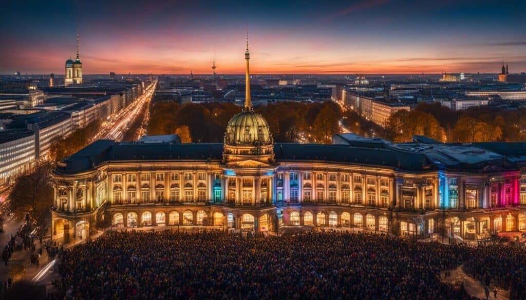 die pulsierende Energie Berlins im November, indem es eine bunte Schar von Filmfans zeigt, die sich vor einer großen Leinwand versammelt haben, während schillernde Kurzfilme den Nachthimmel über ihnen erhellen.