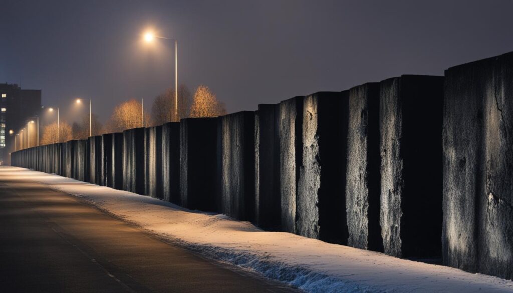 The Berlin Wall standing tall amidst a cold November night, with a somber atmosphere and a sense of history looming.