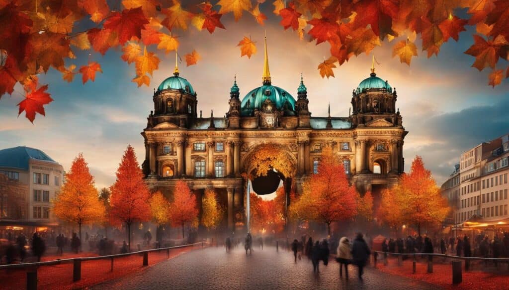 A surreal castle made of autumn leaves and twigs, towering over the colorful streets of Berlin