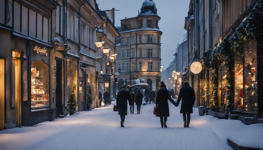 Eine verschneite Berliner Straße im Dezember, mit Lichtern an den Schaufenstern und einem Paar, das sich an den Händen hält und in der Ferne spazieren geht.