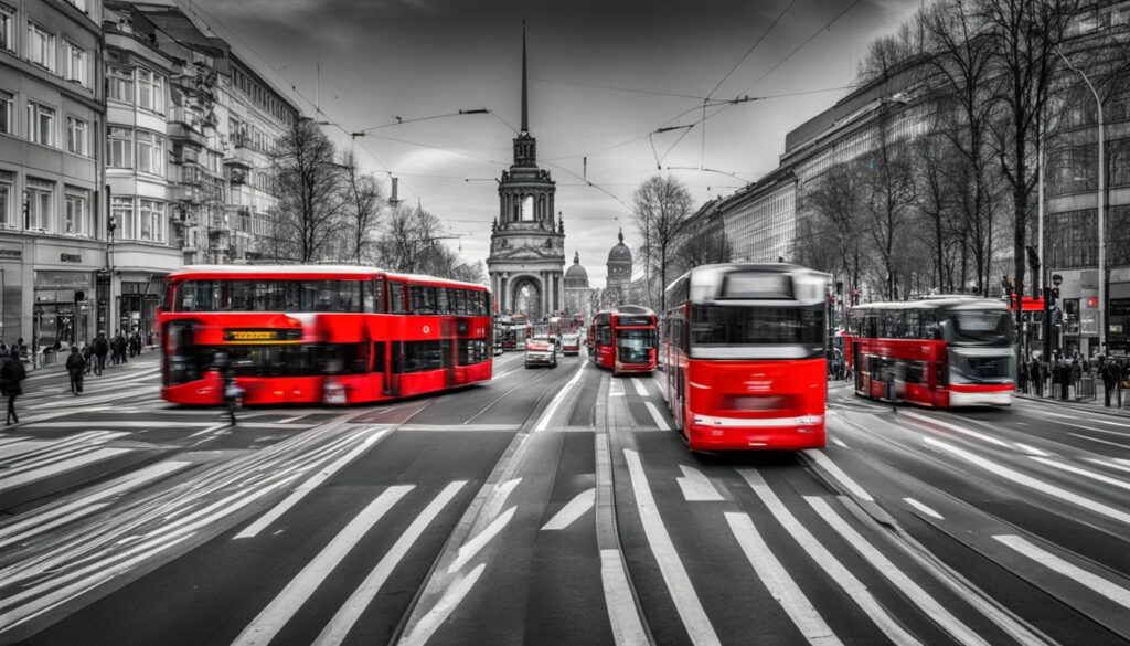 Eine belebte Straße in Berlin mit verschiedenen Verkehrsmitteln wie Bussen, Straßenbahnen und Fahrrädern, die sich durch den Verkehr schlängeln