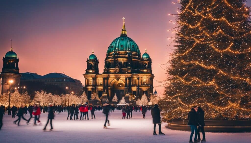 A couple ice skating in front of a historic Berlin landmark, surrounded by twinkling Christmas lights and snowflakes falling from the sky.