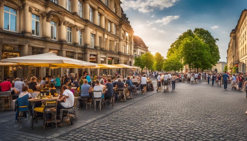 a bustling street in Berlin during the summer, with tourists exploring various landmarks and attractions such as the Brandenburg Gate, the Berlin Wall Memorial, Museum Island, and the Reichstag building in the background. 