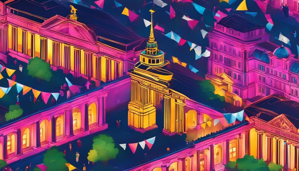 Die lebendige und farbenfrohe Atmosphäre der Berliner Straßenfeste im Juni mit einem bunten Treiben, Musikdarbietungen im Freien, Essensständen und dekorativen Bannern und Luftschlangen. 