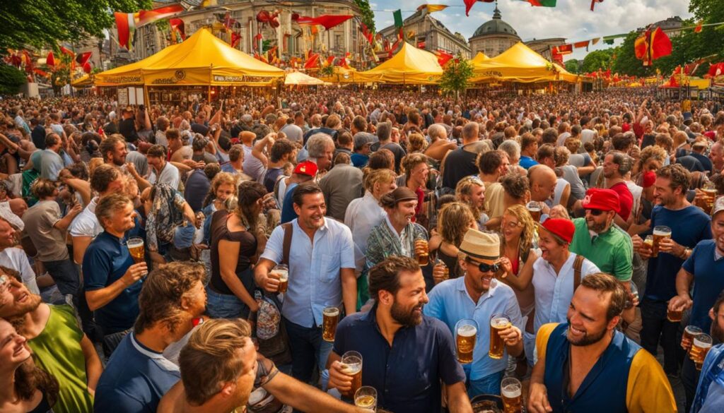 a vibrant and lively beer festival scene in Berlin during the month of July