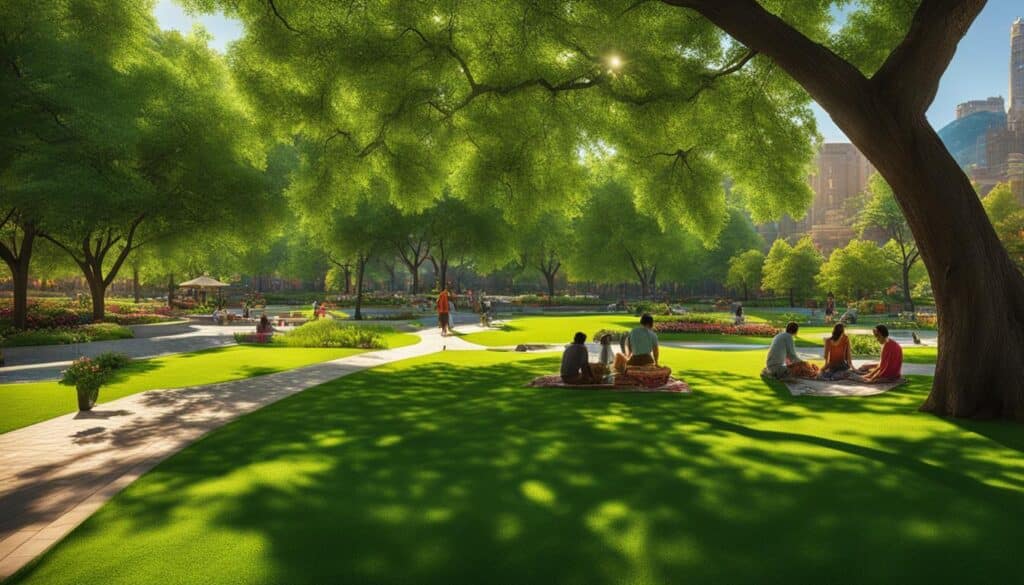 ein Bild einer friedlichen grünen Oase inmitten der geschäftigen Stadt