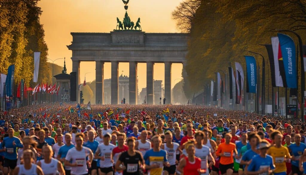 A sea of runners clad in colorful shirts and shorts, their feet pounding against the pavement as they run past iconic Berlin landmarks like the Brandenburg Gate and Tiergarten Park. 