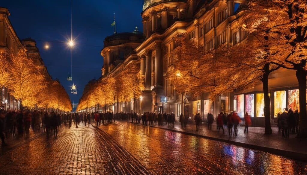 ein Bild, das die pulsierende und farbenfrohe Atmosphäre des Berliner Lichterfestes einfängt. 