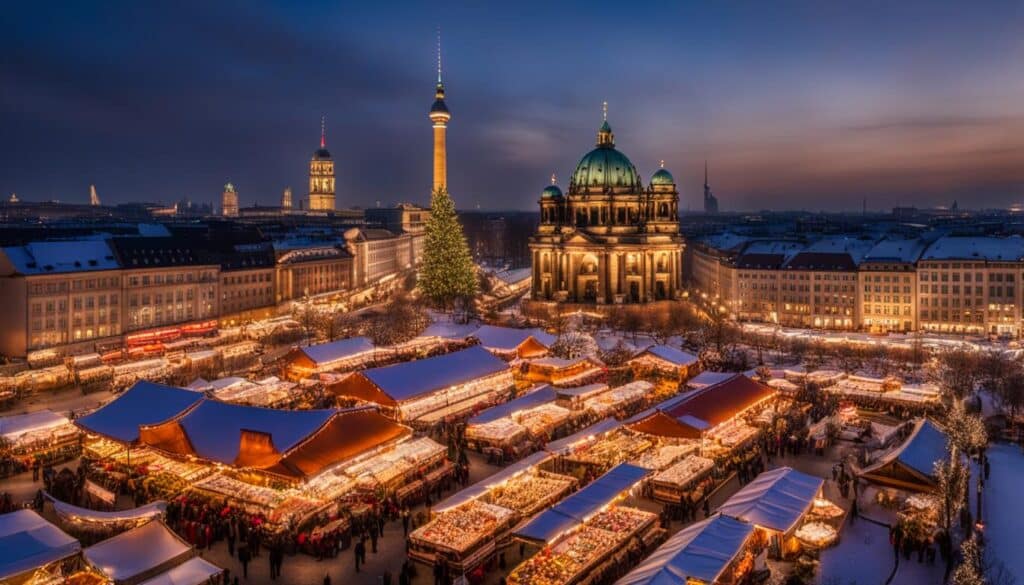 ein Bild von einem belebten Weihnachtsmarkt in Berlin in den Abendstunden, beleuchtet vom warmen Schein der Lichterketten und glühenden Feuerstellen. 