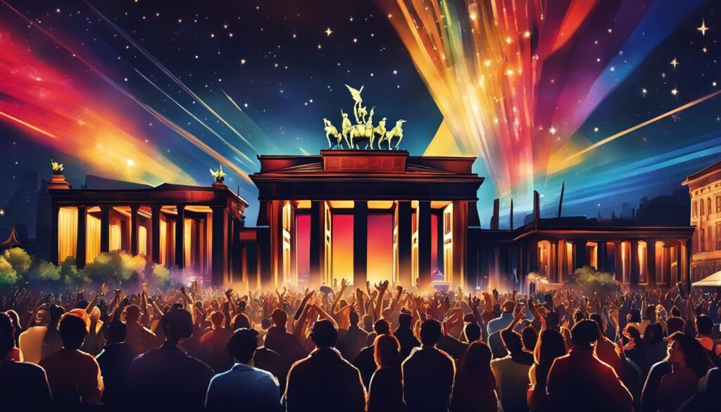 ein Bild einer Menschenmenge, die sich im Rhythmus von Live-Musik unter einem sternenklaren Nachthimmel in Berlin wiegt.