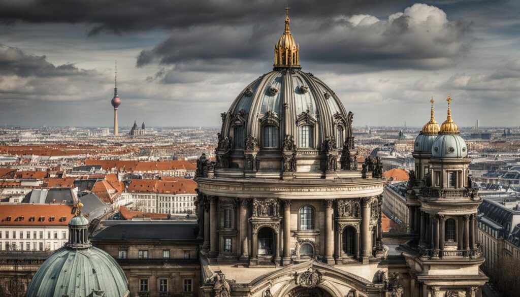 an image that depicts the distinct architectural styles of Berlin and Paris. 
