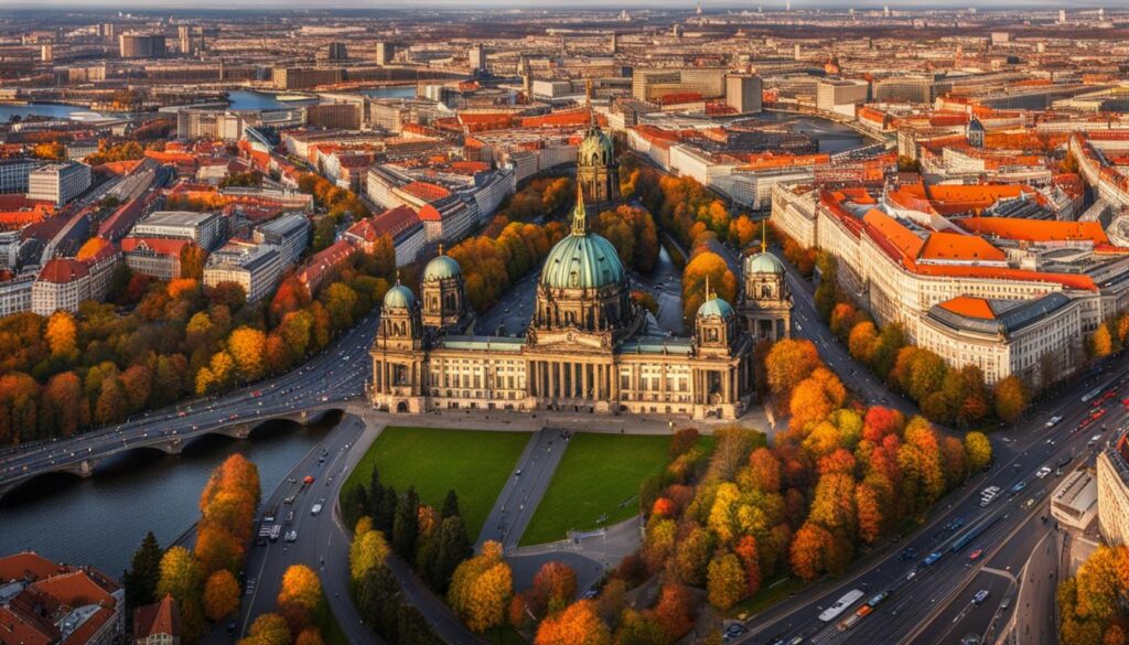einen Panoramablick auf Berlin von einem hohen Aussichtspunkt, von dem aus man die belebten Straßen der Stadt und ihre Wahrzeichen gut sehen kann.