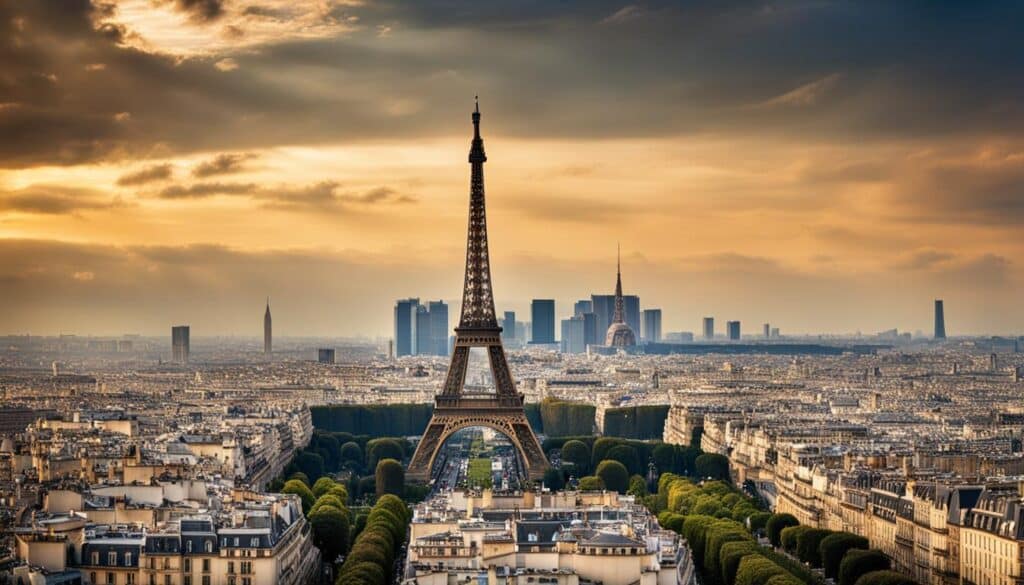 ein Bild des ikonischen Eiffelturms, der sich vor einer malerischen Pariser Skyline erhebt.