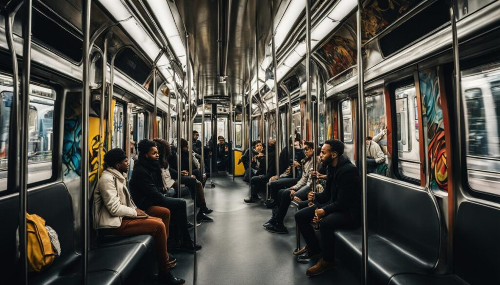 a crowded U-Bahn train with graffiti on the walls and commuters holding onto the poles. 