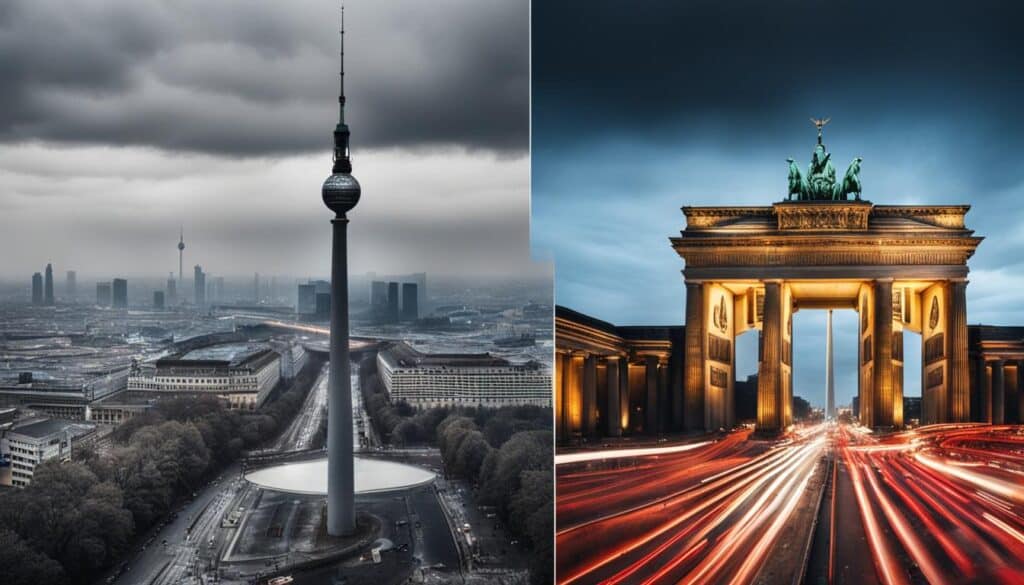 two contrasting images side by side, one depicting Berlin's climate and the other portraying Paris's climate.