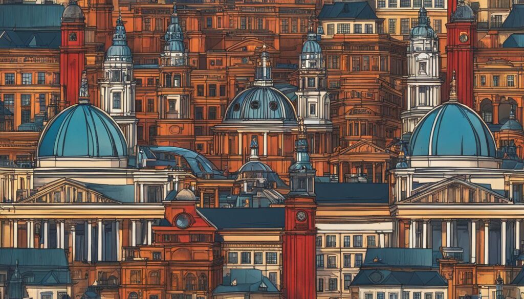 Verschmelzen Sie die ikonischen Wahrzeichen von Berlin und London zu einer einzigen Skyline, die den einzigartigen architektonischen Stil und die urbane Atmosphäre der beiden Städte widerspiegelt.