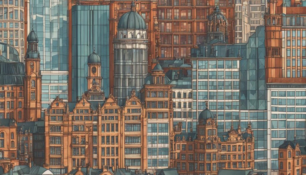 Ein geschäftiges Stadtbild von Berlin und London nebeneinander, jedes mit seinem eigenen architektonischen Stil.