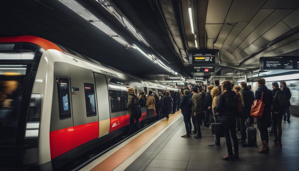 A crowded underground station platform in Berlin, with a train approaching and commuters waiting on the platform.